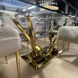 Clear Glass Top & Mirrored Gold Dining Room Set / 7pc