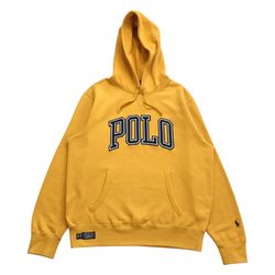 POLO RALPH LAUREN HOODIE MENS LARGE L YELLOW SWEATSHIRT PULLOVER PRL 67 SCRIPT