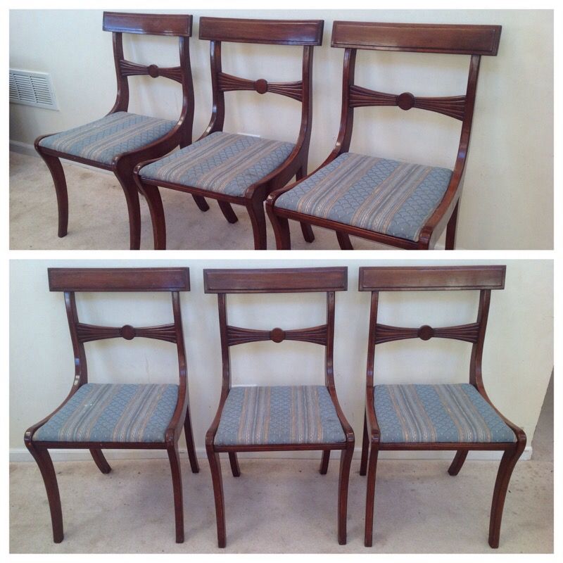 Vintage Mahogany Bar Back Blue Upholstered chairs with bow midrails