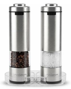 Electric Salt and Pepper Grinder Set, USB-C Rechargeable Stainless Steel Mills with LED Light, Adjustable Ceramic Grinders with Acrylic Mill Rest Tray