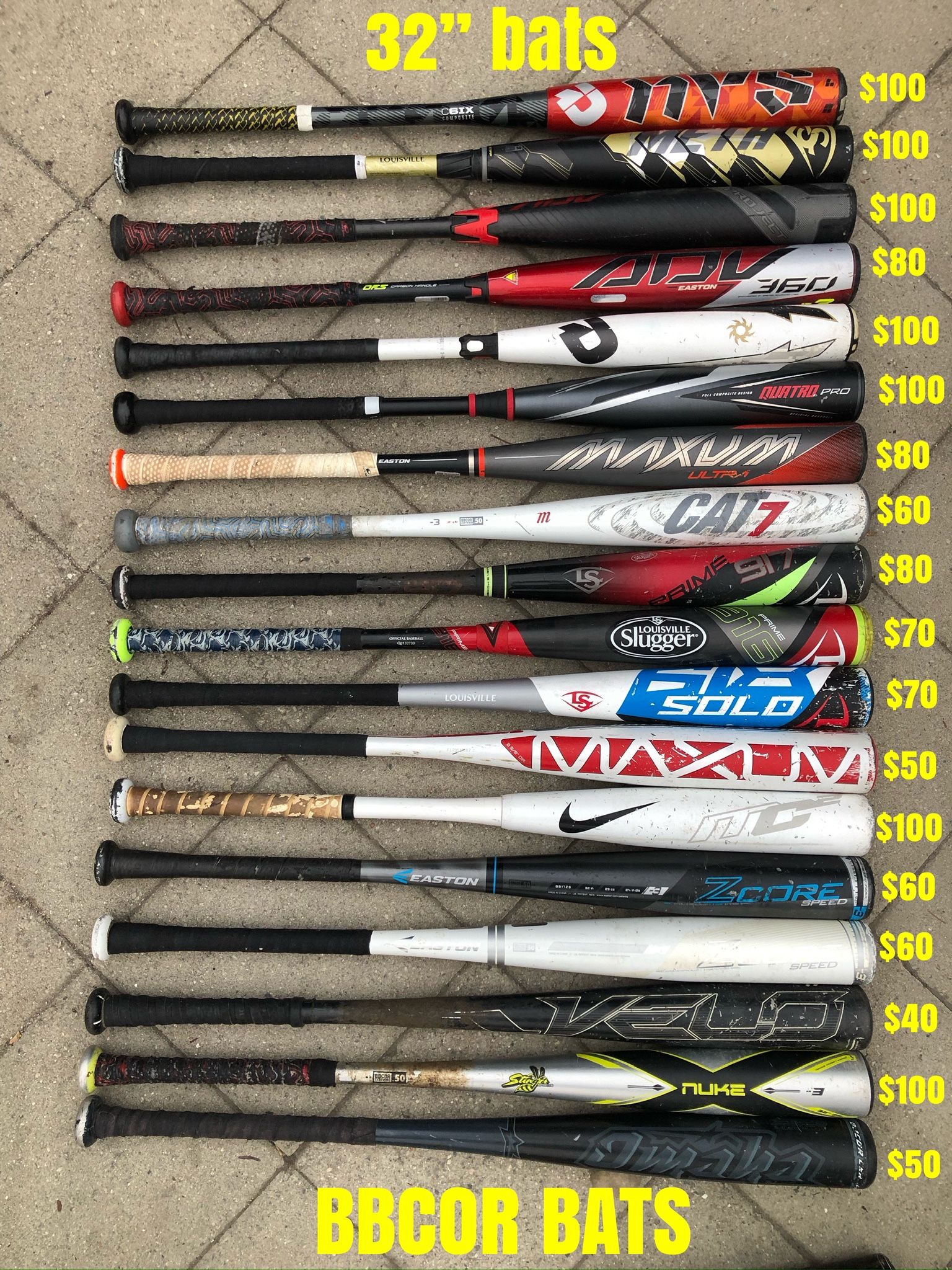 Baseball Bats 32” BBCOR Bat Prices Are Labeled In The Pictures Have More Equipment Available