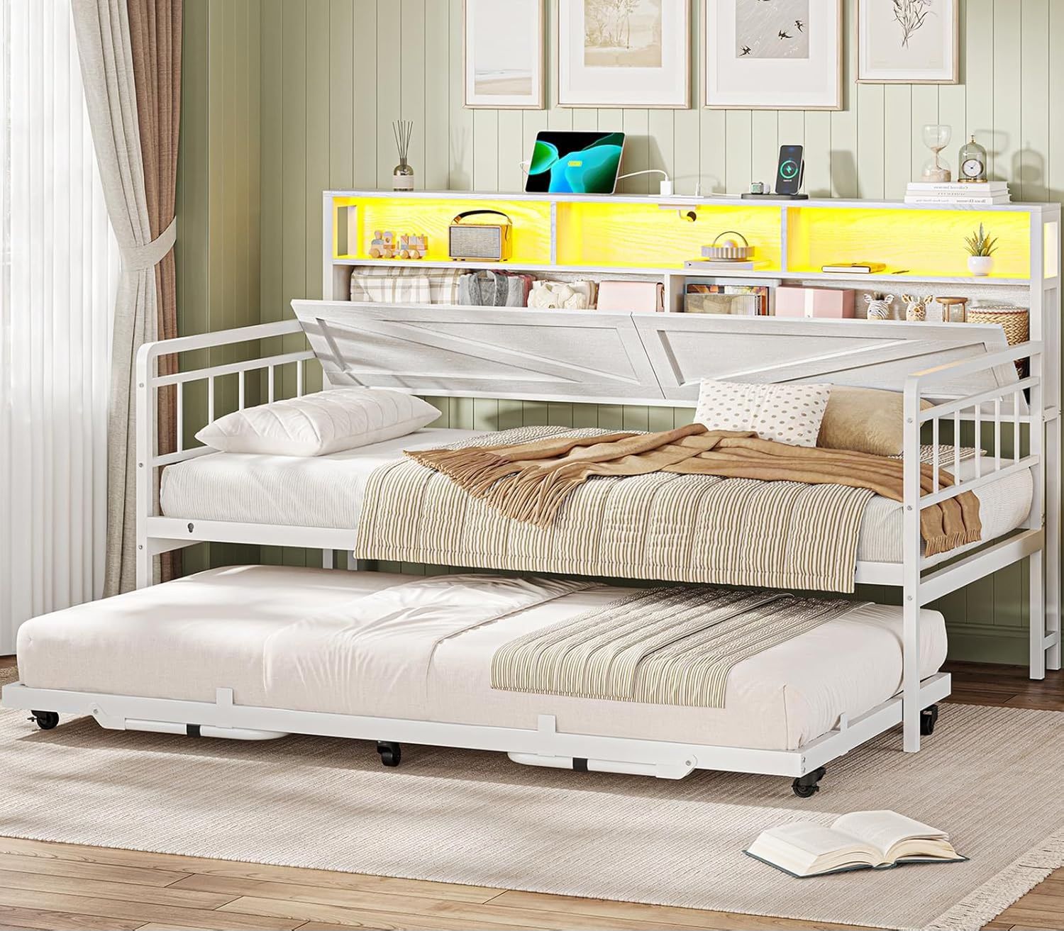 Day Bed Trundle Bed Twin Hidden Storage Headboard, Farmhouse Daybed Charging Station LED Lights, Twin to King White
