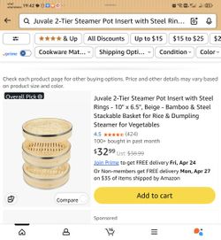 Juvale 2-Tier Steamer Pot Insert with Steel Rings - 10" x 6.5", Beige - Bamboo & Steel Stackable Basket for Rice & Dumpling Steamer for Vegetables