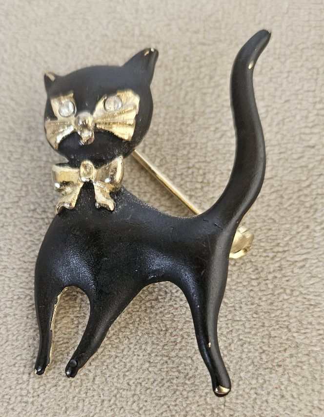 Cat Black Enamel Pin Brooch 2.25" Rhinestone Eyes Gold Bow Vintage Unsigned