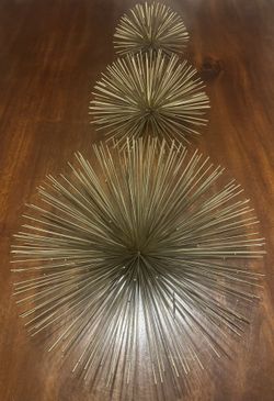 Vintage MCM Style Atomic Starburst Urchin Sculpture Gold Tone Wall Decor Set 3