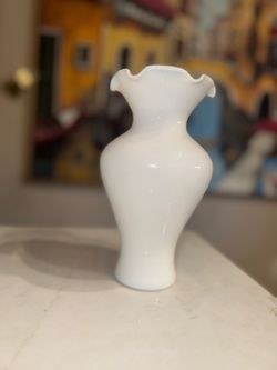 White Milk Glass Ruffle Top Murano Style Vase