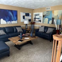 $3500 Blue Leather Furniture Set (sofa, Loveseat, Oversized Chair Only)