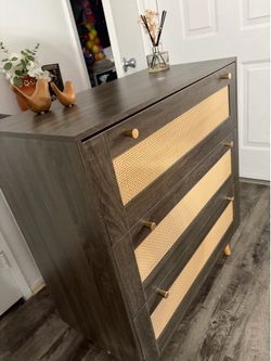 Modern 3-Drawer Dresser | Dark Wood Grain Bedroom Furniture | Cane Front Storage Cabinet