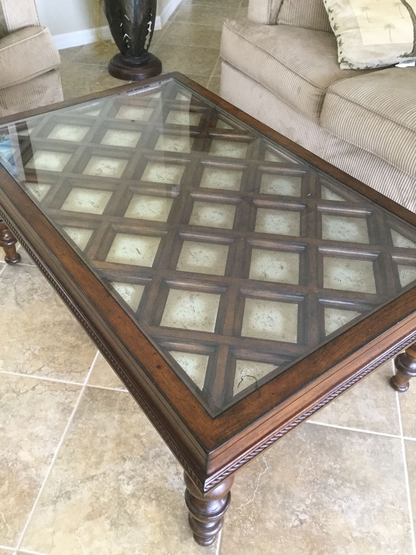 Wood and glass coffee table with pull out table