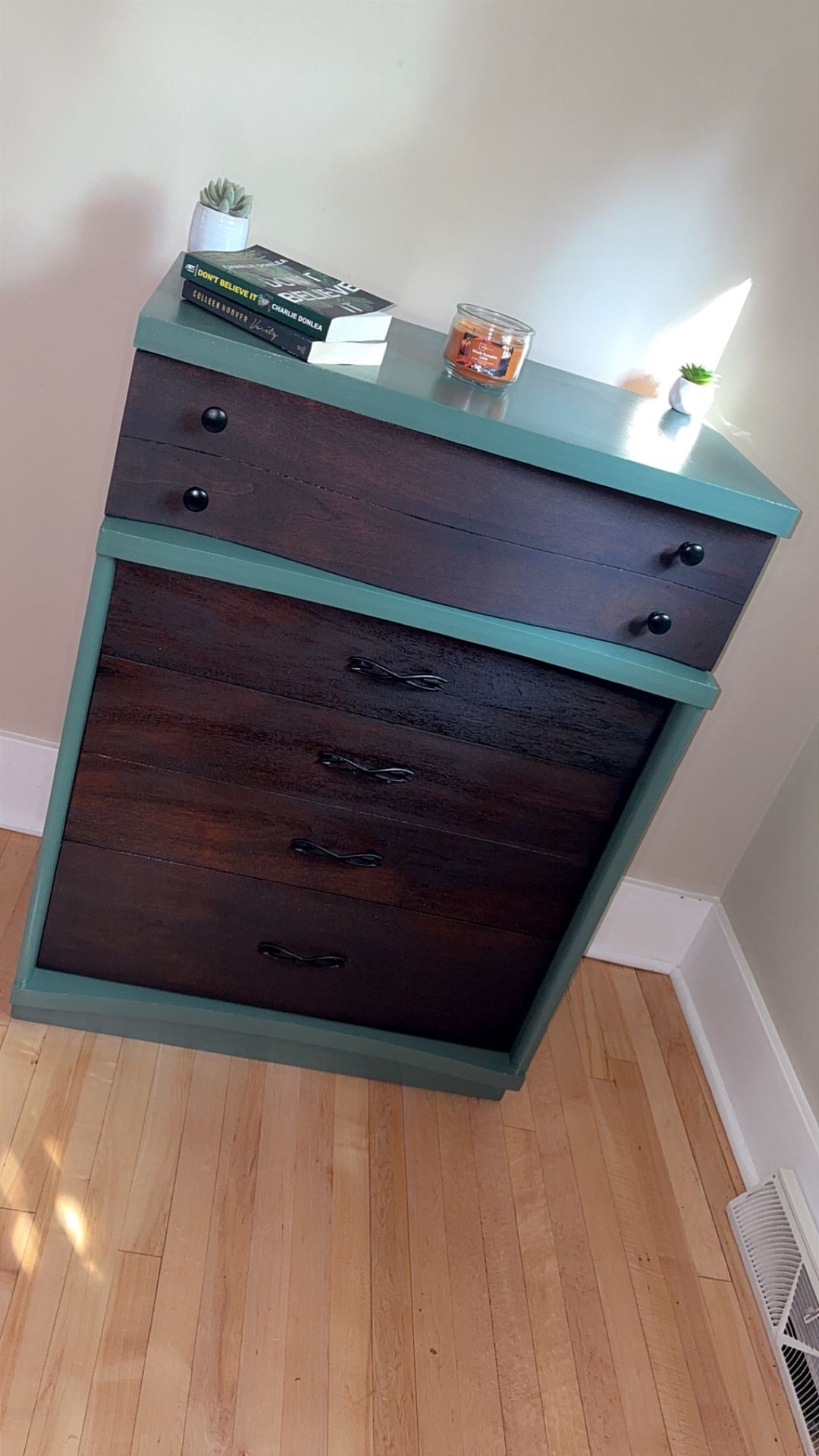 Dark Green Dresser With Stained Natural Wood Drawers 