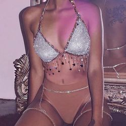 Rhinestone Mesh Halter Bra 