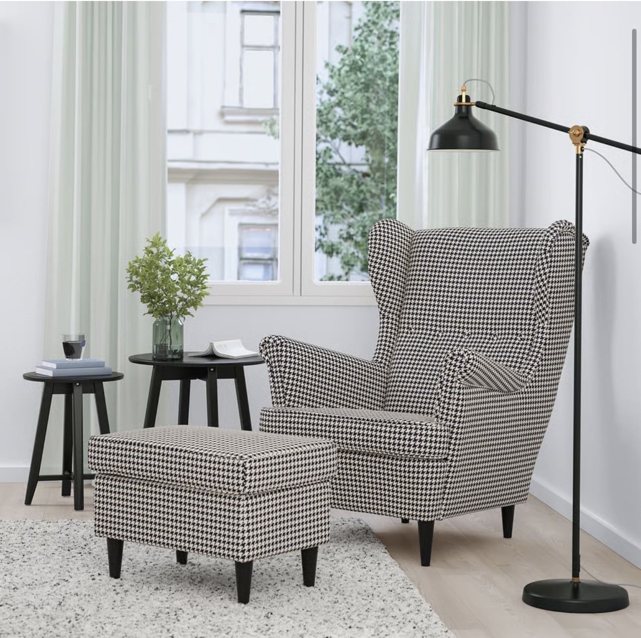 IKEA STRANDMON Armchair and ottoman, Vibberbo black/beige