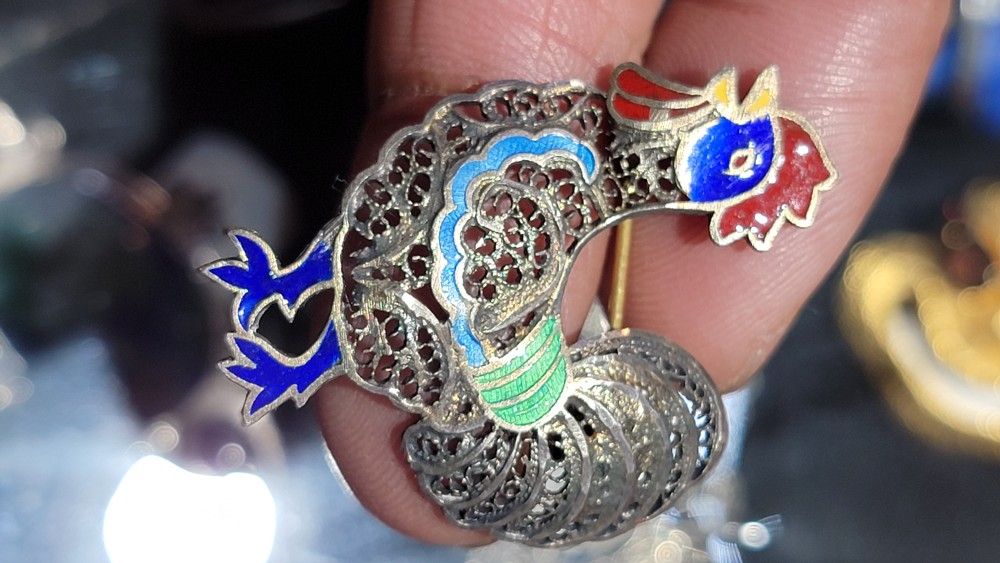 Silver Rooster Brooch Enameled