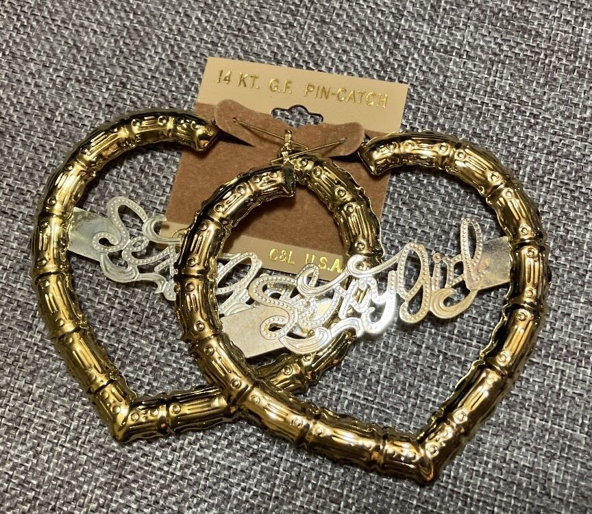 14K Gold Filled large heart earrings with “sexy girl” words. 3” Tall x 3 1/4” wide, new old stock