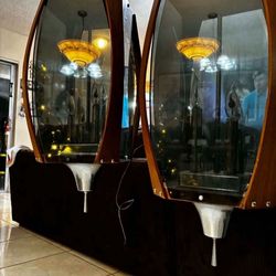 Pair Of Vintage Mid-Century Modern Smoked Acrylic, Walnut and Chrome Pendant Light