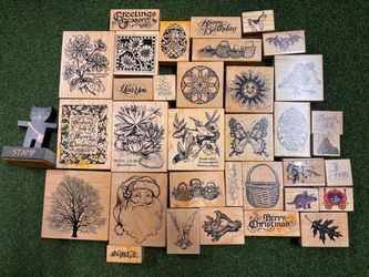 Large Lot of Wood Mounted Rubber Stamps