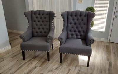 Two Beautiful Gray Tufted Wingback Accent Chairs 