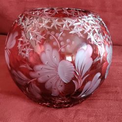 Vintage Bohemian Czech Floral Cut to Clear Ruby Red Crystal Bowl Vase.Nice.