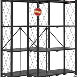 DEANIC 4 Tier Foldable Storage Shelves with Wheels, Large Capacity Shelving Unit, Freestanding Metal Wire Shelf Rack, No Assembly Organizer Rack for G