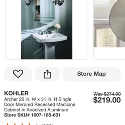 KOHLER Archer 20 in. W x 31 in. H Single Door Mirrored Recessed Medicine Cabinet in Anodized Aluminum