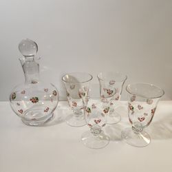 Vtg. Silvestri Handcrafted Decanter & 4 Footed Glasses Set - Rose Pattern Art Glass