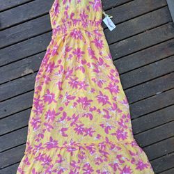 NWT Jessica Simpson Long Maxi Dress Adjustable Spaghetti Straps Yellow Pink Floral Flower Print Size XS SMALL