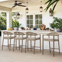 Bar Stools Set of 4, 24.8'' Aluminum Outdoor Bar Stool with Removable Cushion, Boho Rattan BarStools, Olefin Rope Woven Bar Chairs with Footrest for P