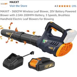 MAXXT - 360CFM Wireless Leaf Blower, 20V Battery Powered Blower with 2.0Ah 200MPH Battery, 3 Speeds, Brushless Handheld Electric Leaf Blowers for Blow