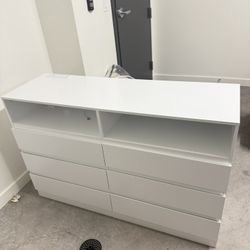 White Modern 6 Drawer Dresser with Open Shelves