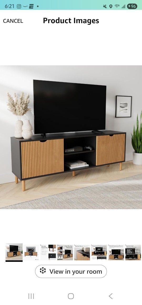 Contemporary Fluted Modern TV Stand & Media Console - 70in Fluted Black & Oak - Soft-Close Doors & Adjustable Shelves - Supports TVs Up to 80in - Ente