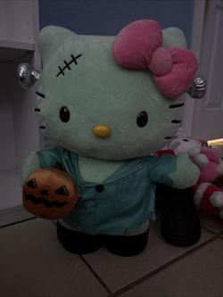 Hello Kitty Frankenstein Halloween Door Greeter Plush 18" Green Pumpkin Pink Bow