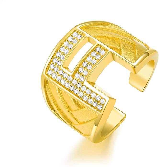 ETEVON Mens Initial Rings Gold Plated F Letter Ring 925 Sterling Silver Bold Open Personalized Statement Rings