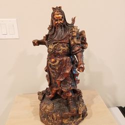 23" Chinese Bronze Copper Nine Dragon Guan Gong Yu God Flag Hold Sword Statue