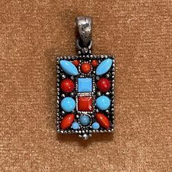 Vintage Navajo Coral And Turquoise Pendant 