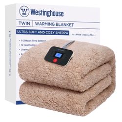 Westinghouse Electric Blanket Twin Size, Soft Plush Sherpa Heated Blanket With 10 Heating Levels & 1-12 Hours Auto-Off, Machine Washable, 62x84 Inches