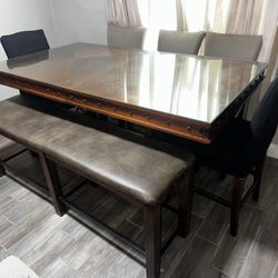 8 people Solid Wood Dining Table with Bench and $450 CUSTOM CUT GLASS (OPEN TO TRADES) 72” Long X 40”Wide  36” Tall