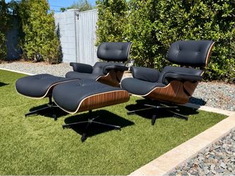 Set of Two Mid Century Eames Style Lounge Chairs in Real Leather and Walnut