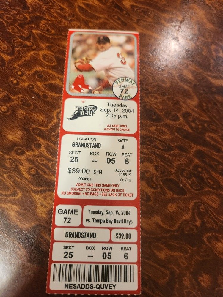 Boston Red Sox VS Tampa Bay Ticket Stub 9/14/2004(Championship Season) Game Used