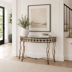 Fine Modern Contemporary High End Stars Art Half Moon Iron Glass Sofa Entryway Foyer Table Gold Copper Color HILLCREST /  UNIVERSITY HEIGHTS