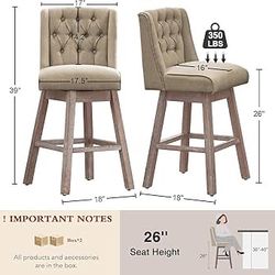 26" Swivel Bar Stools Set of w, Counter Height Barstools with Back, Linen Fabric Upholstered Bar Stools, Modern Barstools Wood Legs for Kitchen Island