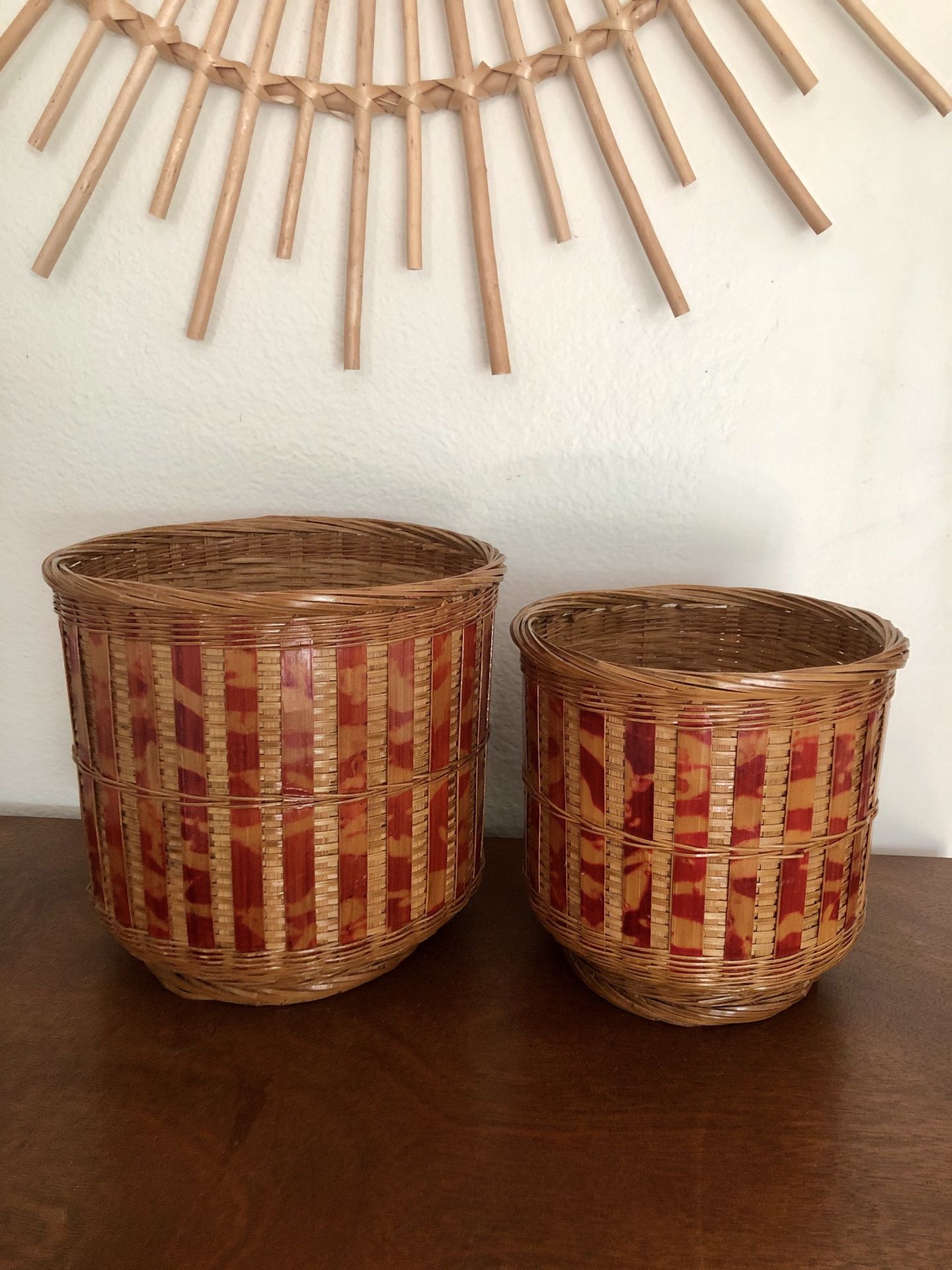 Beautiful pair of vintage wicker and bamboo asian plant holders