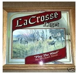 VINTAGE LACROSSE LAGER, PLAY THE WIND, DEER HUNTING FRAMED MIRROR PUB SIGN