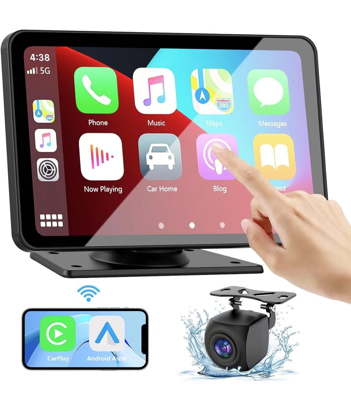 7" HD Portable Car Stereo Touch Screen with Wireless Android Auto, Backup Camera, Car Audio Receivers with Voice Control, Mirror Link, Bluetooth, GPS