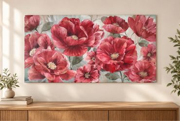 Large Red and Terracotta  floral canvas wall art (59” x 30”)  / Arte floral de pared