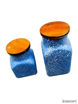 Set of 2 Blue Speckled Canisters with Wood Lids