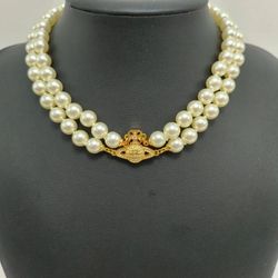 Brand new two-layer pearl necklace with golden yellow pendant