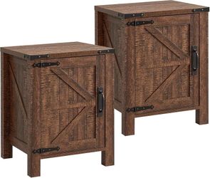 Set of 2 Nightstand w/Charging Station, 18 Inch Farmhouse End Table w/Barn Door and Adjustable Storage Shelf, Rustic Wood Sofa Side Table w/Magnetic D