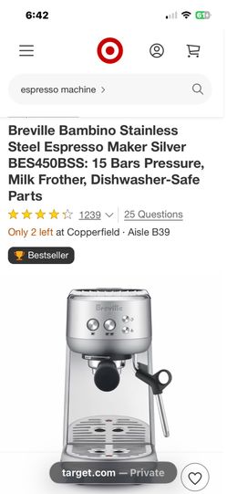 Breville Bambino Stainless Steel Espresso Maker Silver BES450BSS: 15 Bars Pressure, Milk Frother, Dishwasher-Safe Parts