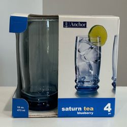 Set of 4 Anchor Hocking Saturn Tea Blueberry Glass Tumblers in Original Box
