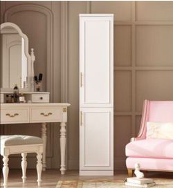 FUFU&GAGA Narrow Wardrobe Closet with 2 Doors, Modern White Bedroom Armoire
Clothes Storage Cabinet with Shelves, Hanging Rod, Gold Handles, 15.7”W x 